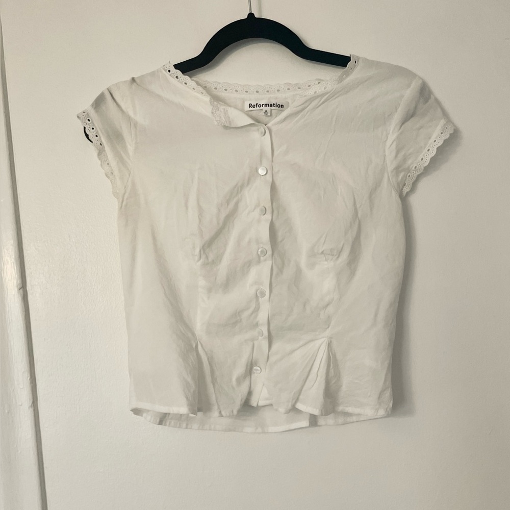 Reformation White Eyelet-Trim Cap Sleeve Blouse - Picture 6 of 6